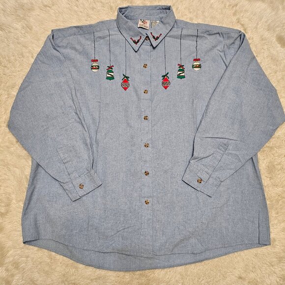 Vintage Nut Cracker Women's Christmas Ornament Embroidery Blue Denim Shirt 24W - Picture 2 of 8